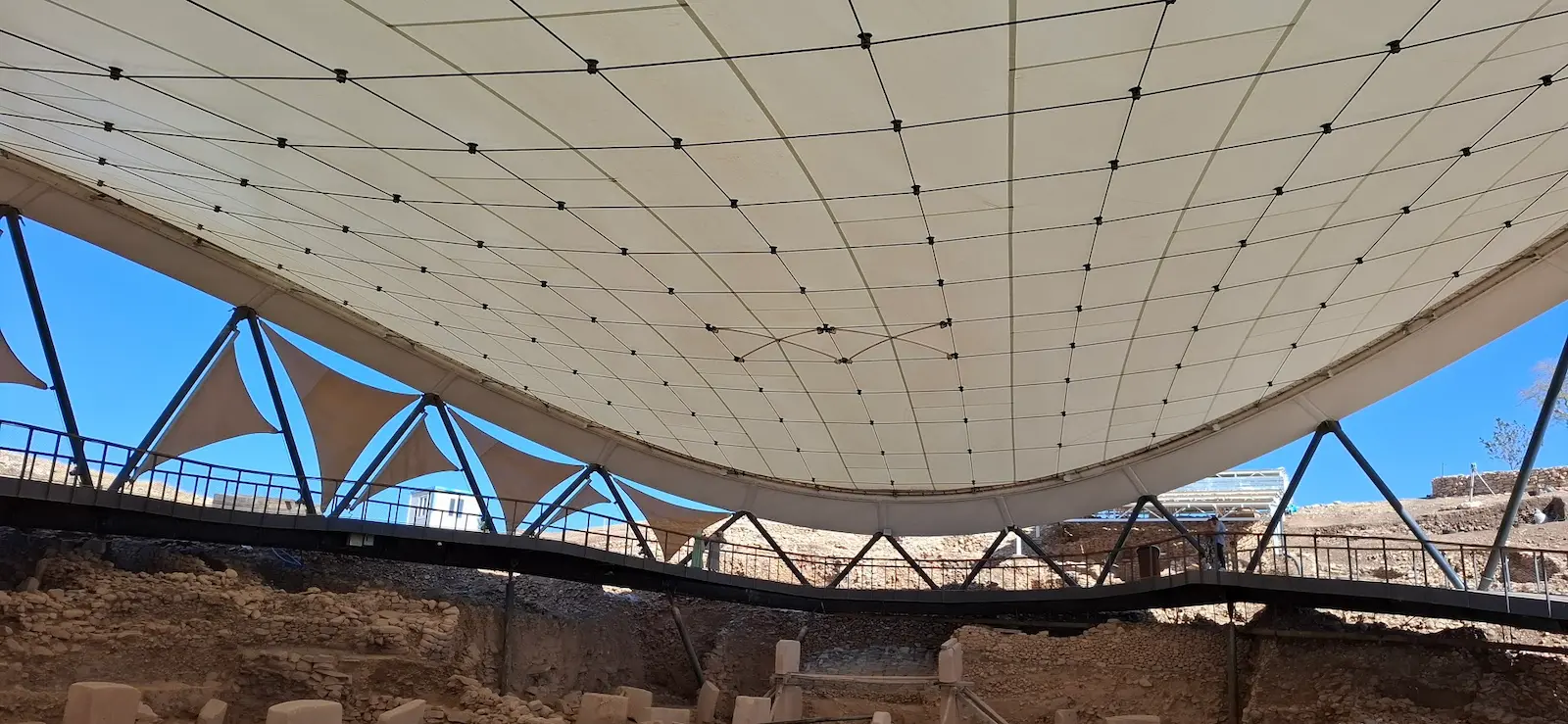 Protective canopy over Göbeklitepe excavation site with circular limestone pillars visible below.
